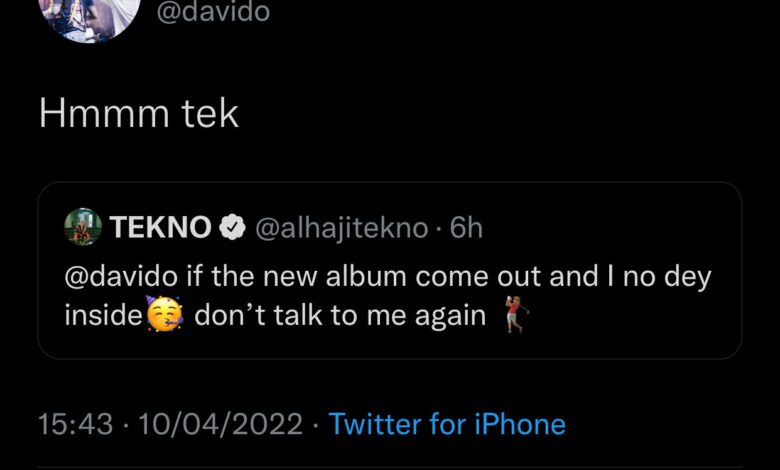 Davido reacts to Tekno’s warning on next album