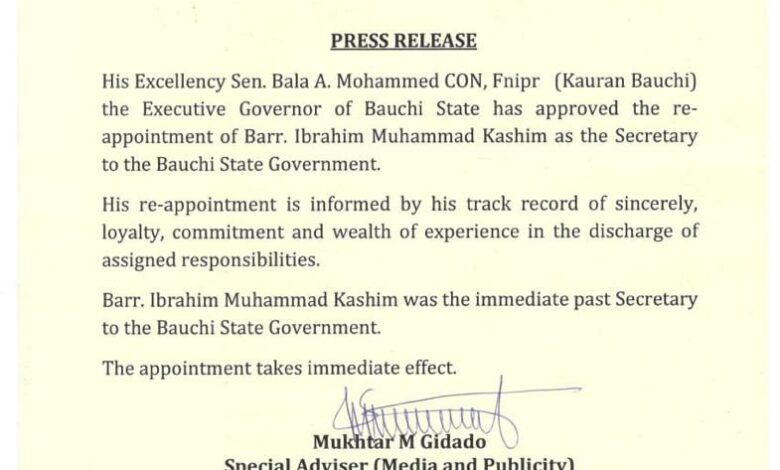 Gov Mohammed reappoints Kashim as Bauchi SSG