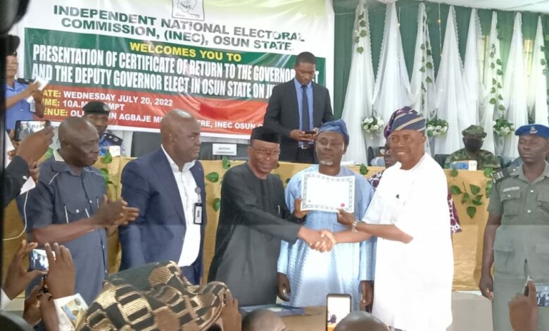 Osun election: Adeleke receives certificate of return from INEC