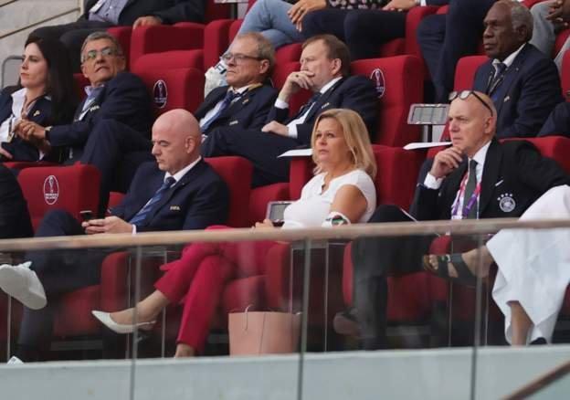 German interior minister Nancy Faeser, centre, wore the OneLove armband while sitting next to Fifa president Gianni Infantino, centre, at the Germany-Japan match