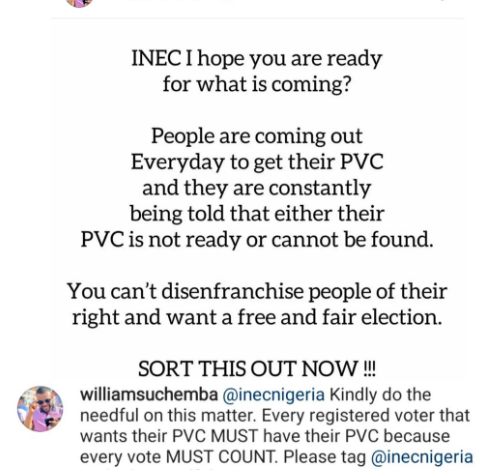 Actor, Williams Uchemba calls out INEC over PVC collection